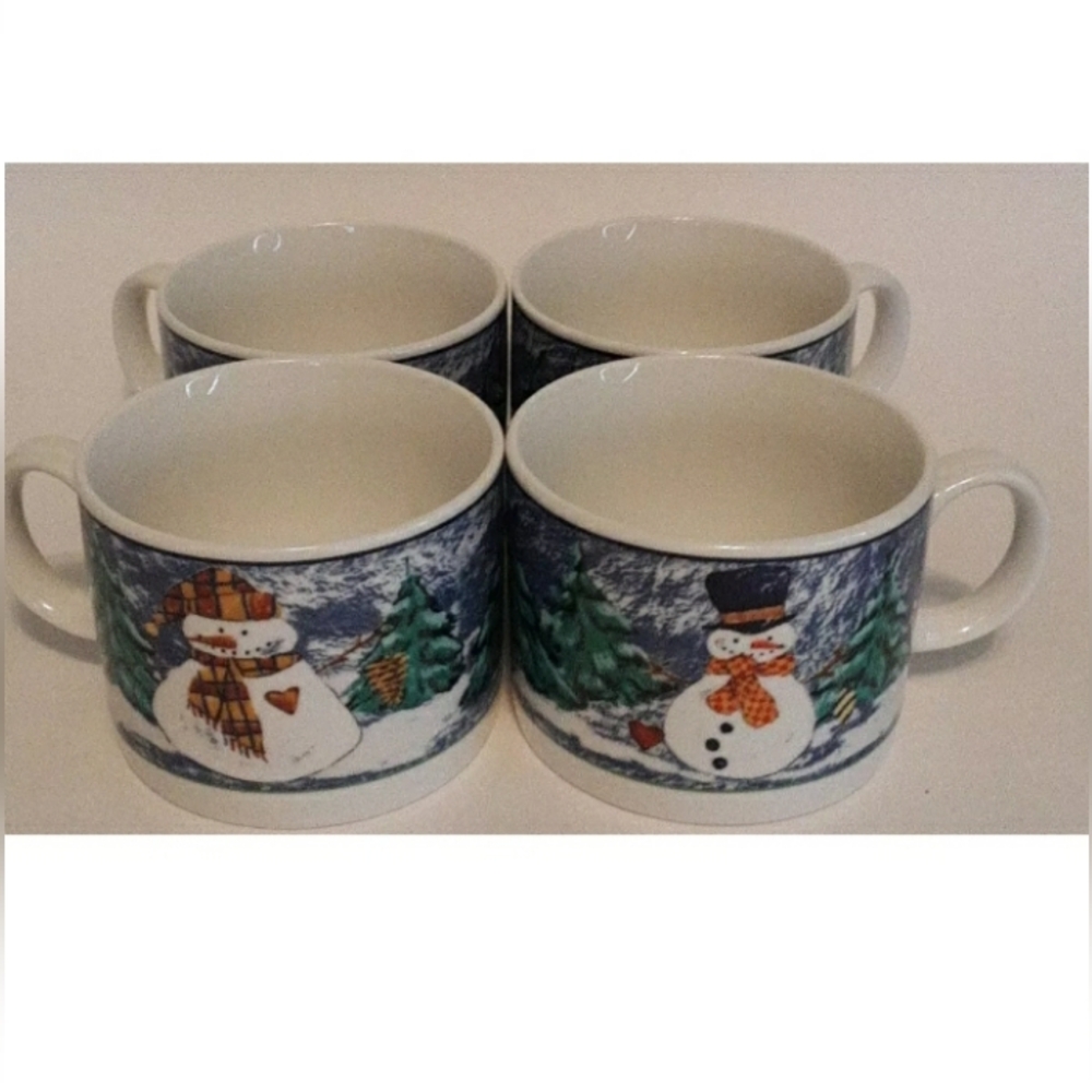 Cups Snowman Christmas 4 Mugs Frosty Friends Winter Decor Stoneware